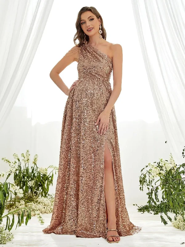 Maternity One Shoulder Chain Detail Slit Sequin Party Dress Tunics Prom sequined