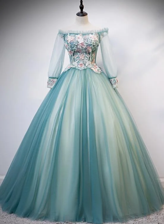 Beautiful Light Green Ball Gown Long Sleeves Party Dress with Lace, Sweet 16 Gown Formal Dresses Tunics Long Elegant Beautiful Light Green Ball Gown Long Sleeves Party Dress with Lace, Sweet 16 Gown Formal Dresses Tunics Long Elegant