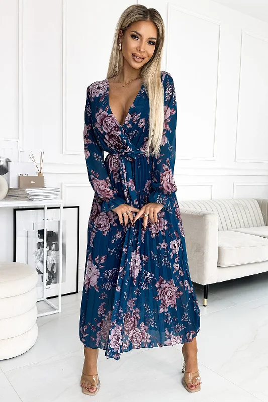 Pleated chiffon long dress with a neckline; long sleeves and a belt - Blue with flowers Tunics Denim casual