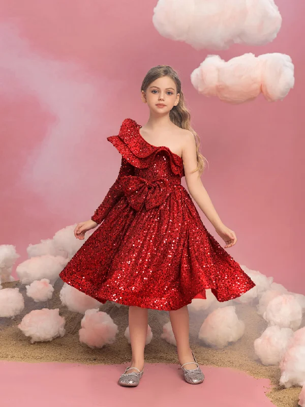 Tween Girls' One Shoulder Layered Ruffle Trim Sequin Party Dress Tunics Print Colorful Tween Girls' One Shoulder Layered Ruffle Trim Sequin Party Dress Tunics Print Colorful
