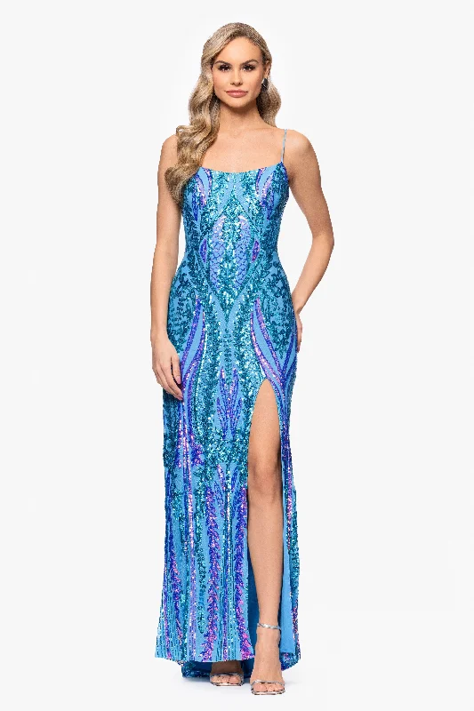 Blondie Nites "Nora" Sequin Scoop Neck Tieback Floor Length Dress Crew Neckline Casual
