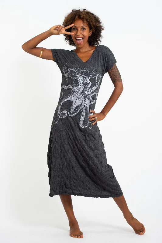Womens Octopus V Neck Long Dress in Silver on Black Tunics Chic fashionable