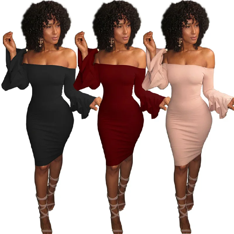 Autumn Dresses Robe Sexy Off Shoulder Slim Bodycon Dress Flare Sleeve Black Dress Women Midi Party Dress Vestidos Tunics New arrival Autumn Dresses Robe Sexy Off Shoulder Slim Bodycon Dress Flare Sleeve Black Dress Women Midi Party Dress Vestidos Tunics New arrival