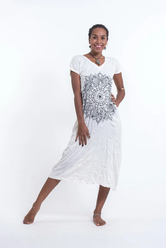 Womens Lotus Mandala V Neck Long Dress in White Tunics Cozy soft