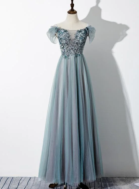 Green Tulle Lace Applique Off Shoulder Party Dress, A-line Long Formal Dress Tunics Fleece cozy Green Tulle Lace Applique Off Shoulder Party Dress, A-line Long Formal Dress Tunics Fleece cozy