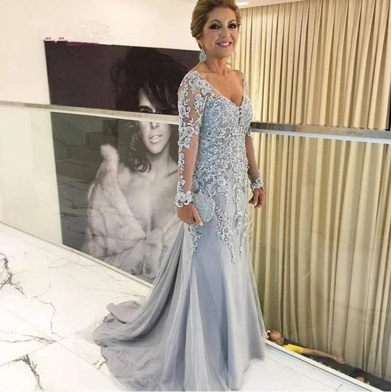 Silver Mother Of The Bride Dresses Mermaid Long Sleeves Lace Beaded Long Wedding Party Dresses Mother Dresses For Wedding Pleated Skirt Elegant