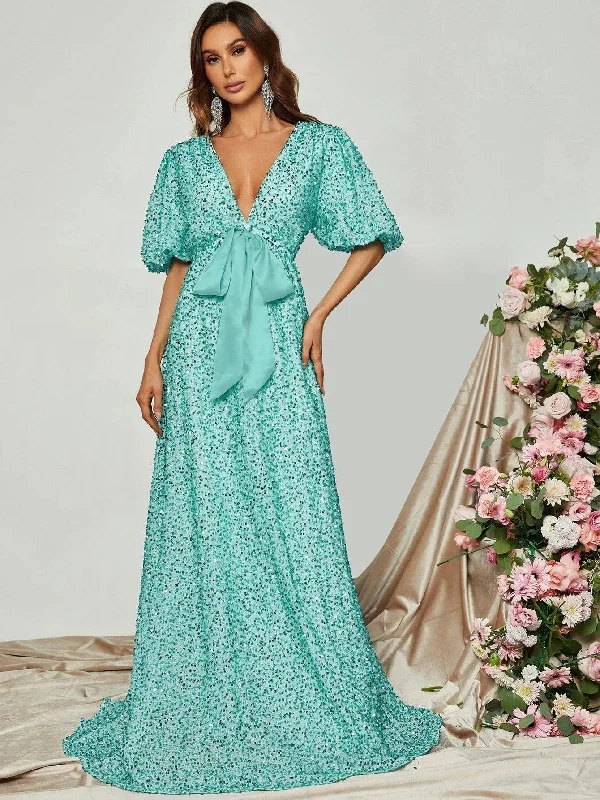 Plunging Neck Puff Sleeve Sequin Party Dresses Tunics Exclusive limited