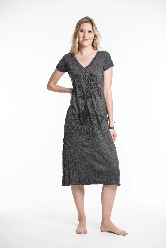Womens Tree of Life V Neck Long Dress in Black Tunics Stylish elegant