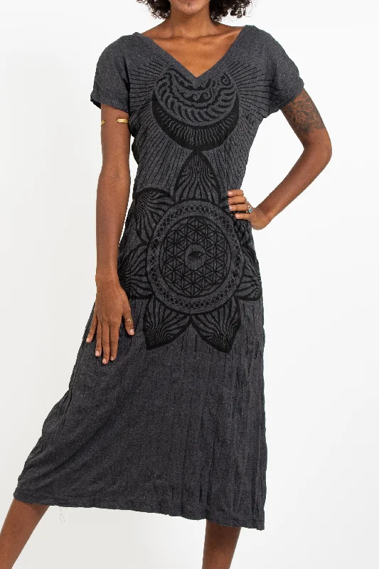Womens Sacred Geometry Mandala V Neck Long Dress in Black Pencil Office Professional
