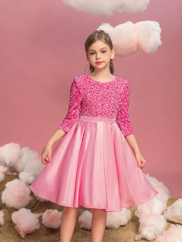 Tween Girls' 3/4 Sleeves Sequin Contrast Satin Party Dress Tunics Polka dots
