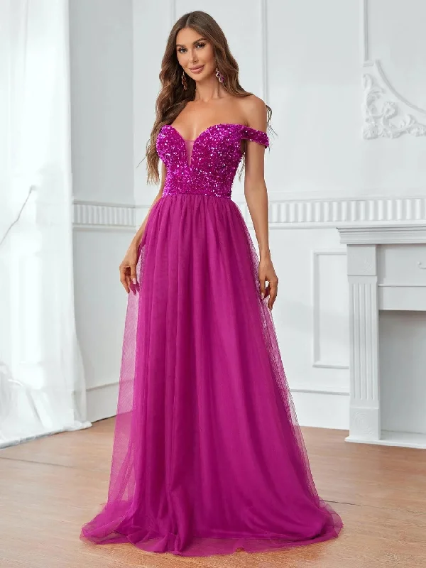 Off Shoulder Sequin Bodice Contrast Mesh Hem Party Dress Tunics Chinos classic