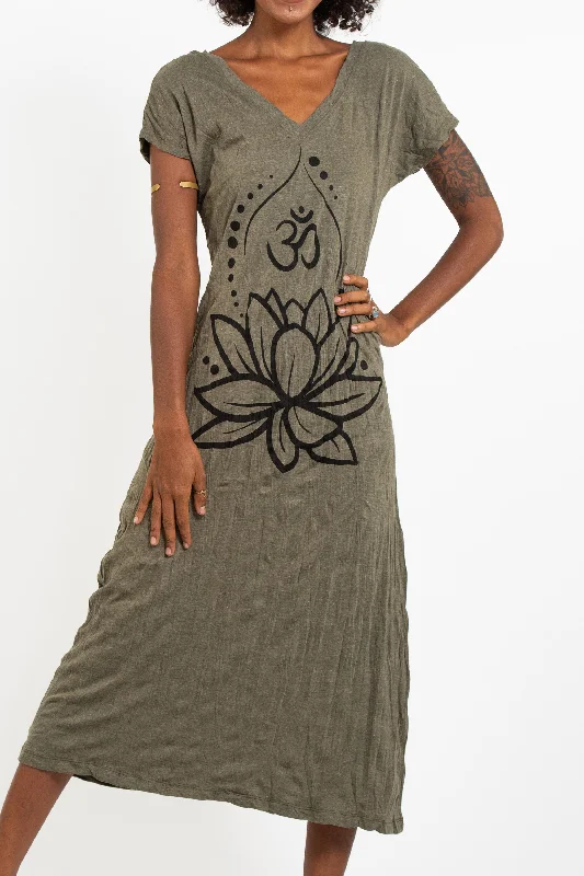 Womens Lotus Om V Neck Long Dress in Green Tunics Print Colorful