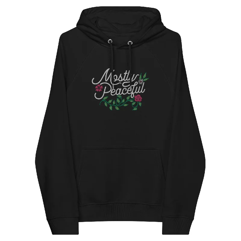 Mostely Peaceful Eco Raglan Embroidered Hoodie Hoodie with Elastic Cuffs Stretchable Comfortable