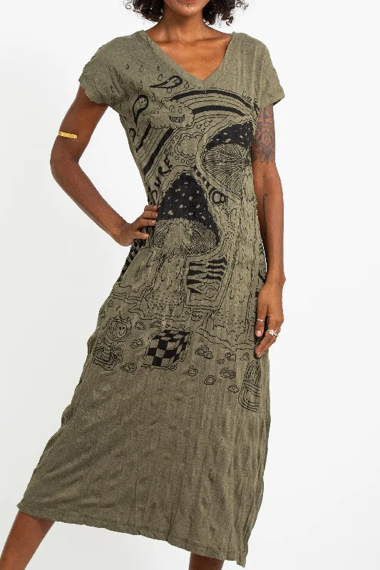 Womens Magic Mushroom V Neck Long Dress in Green Tunics Chinos classic