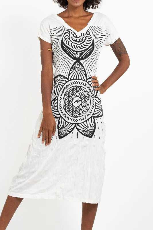 Womens Sacred Geometry Mandala V Neck Long Dress in White Tunics Plaid country