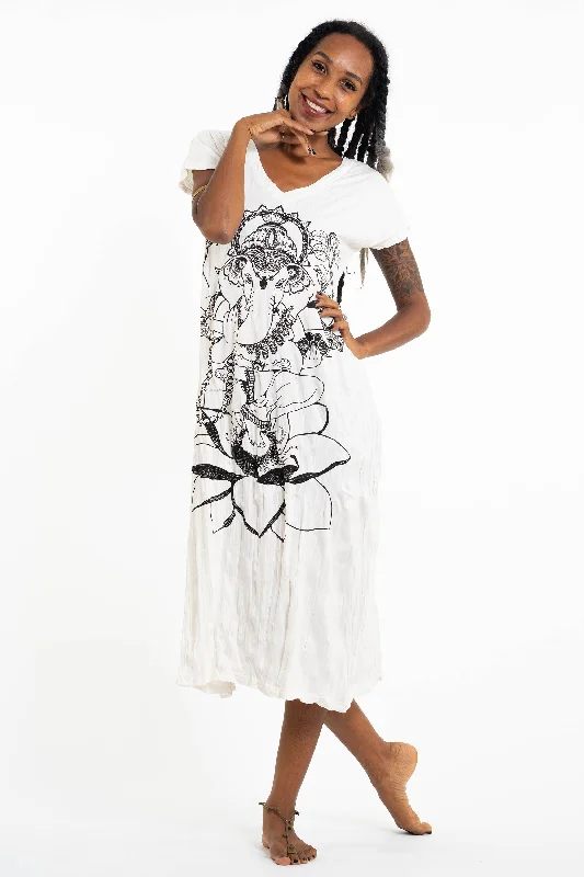 Womens Lord Ganesh V Neck Long Dress in White Tunics Office stylish