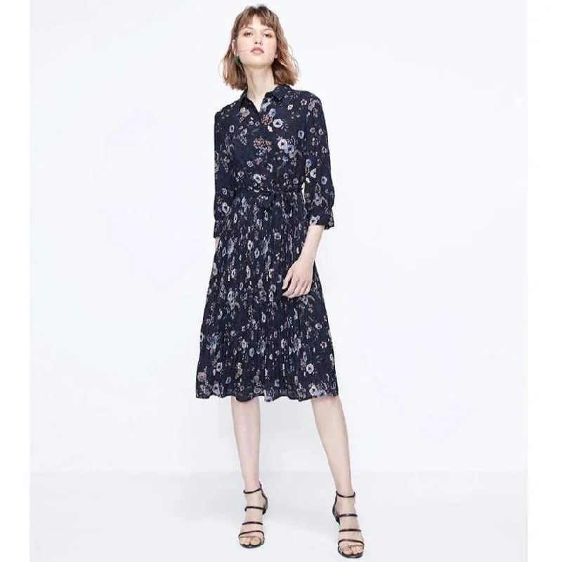 Floral Pleated A-lined Cinched Waist Chiffon Dress Boatneck Modish Everyday
