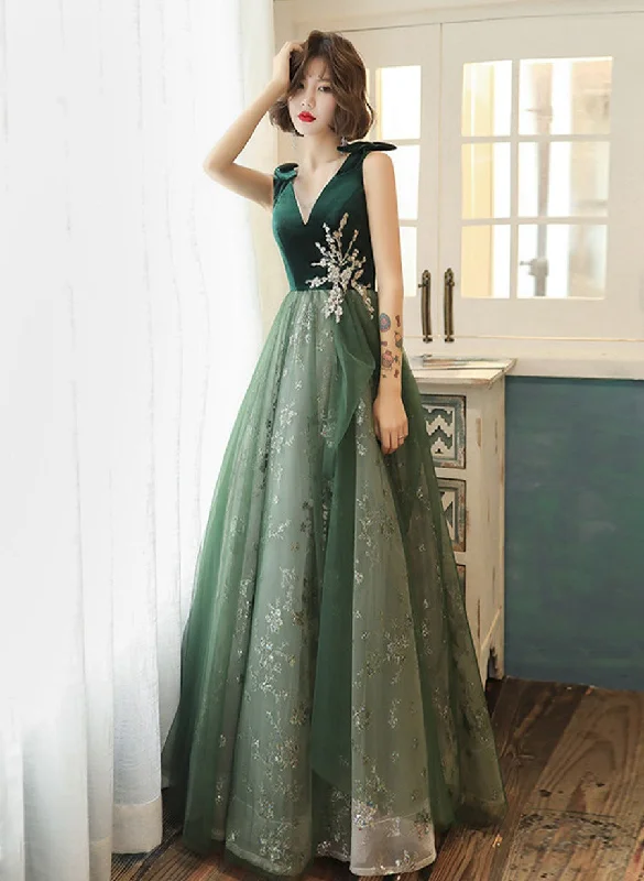 Green Lace Tulle V-neckline A-line Prom Dress, Green Floor Length Party Dress Tunics Practical easy-care Green Lace Tulle V-neckline A-line Prom Dress, Green Floor Length Party Dress Tunics Practical easy-care