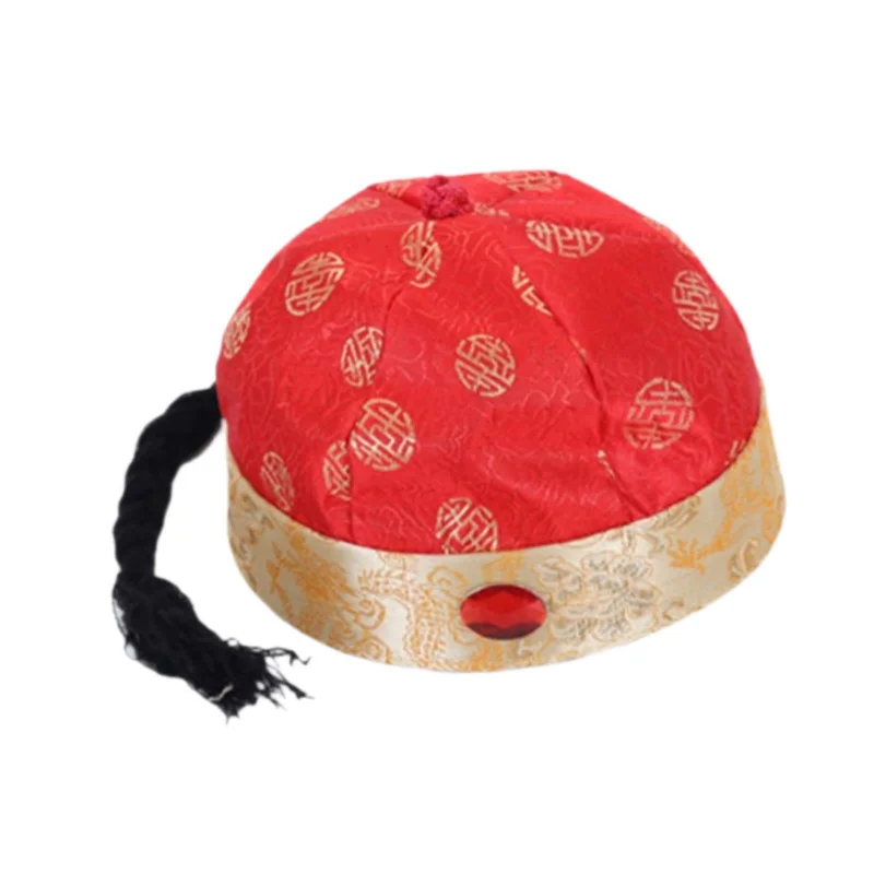 Chinese Oriental Hat Qing Party Cosplay Cap for Theme Party Dress up Cosplay Red 52cm Tunics Cozy soft