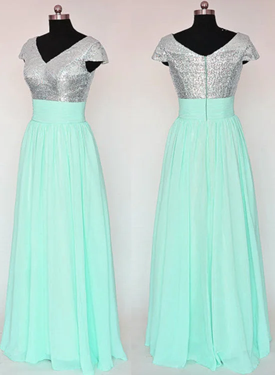 Mint Green and Sequins Long Bridesmaid Dresses, Pretty Cap Sleeves Floor Length Wedding Party Dresses Tunics Hiking breathable Mint Green and Sequins Long Bridesmaid Dresses, Pretty Cap Sleeves Floor Length Wedding Party Dresses Tunics Hiking breathable
