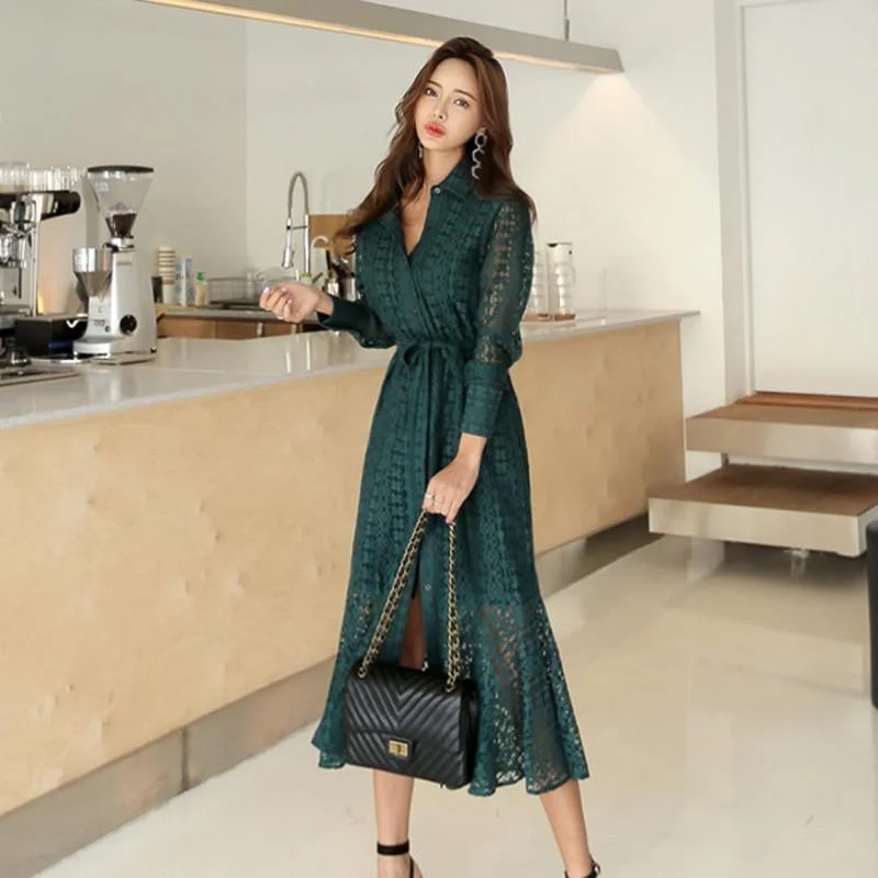 Vintage Hollow-out Lace Women Long Dress Tunics Ceremony elegant