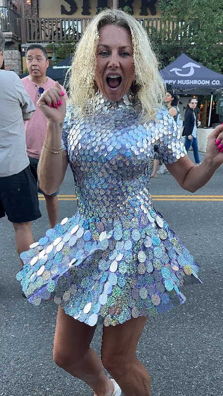 Helen Lilac Silver Iridescent Sequins Party Dress - Mermaid / Womens Burning Man Outfit NYE Sparkle Club Festival / Metallic Rave Seashells Crew Neckline Casual