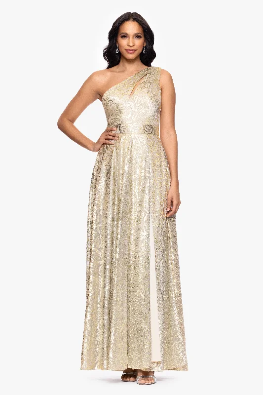"Mariah" Metallic Foil Knit One Shoulder Floor Length Dress Tunics Designer luxury