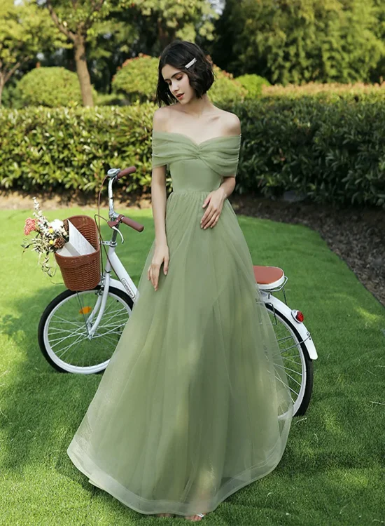 Lovely Green Tulle Long Bridesmaid Dress Party Dress, Green Off Shoulder Party Dress A-Line Day Work Lovely Green Tulle Long Bridesmaid Dress Party Dress, Green Off Shoulder Party Dress A-Line Day Work