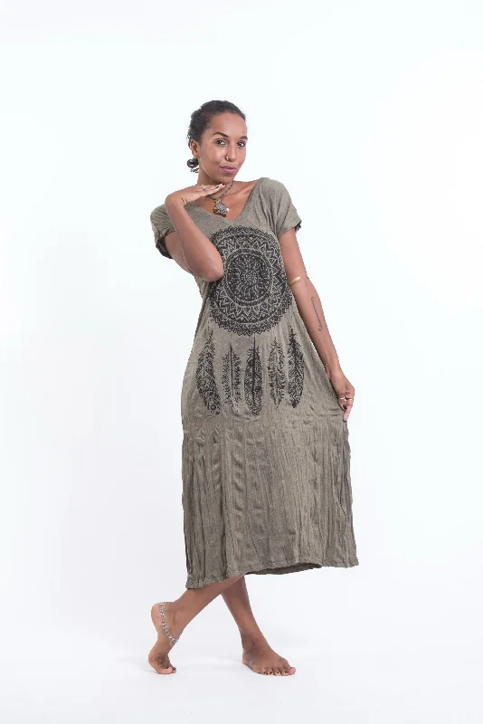 Womens Dreamcatcher V Neck Long Dress in Green Tunics Corduroy durable