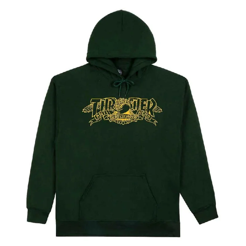 Thrasher X Antihero Hoodie Mag Banner - Forest Green Hoodie with Frayed Bohemian Relaxed Thrasher X Antihero Hoodie Mag Banner - Forest Green Hoodie with Frayed Bohemian Relaxed