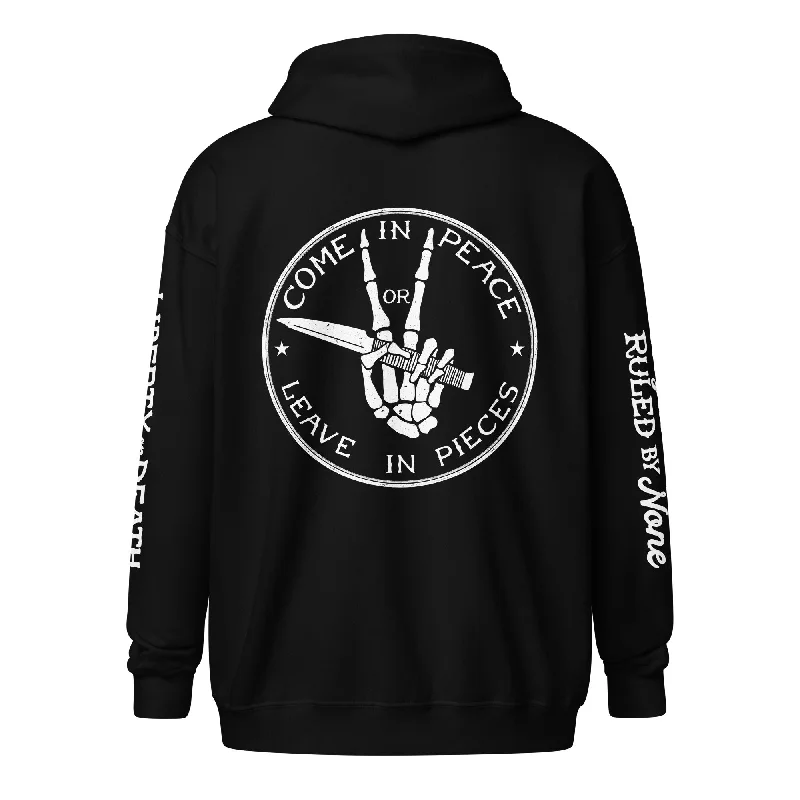 Come in Peace or Leave in Pieces Heavyweight Zip Hoodie Hoodie with Sequins Glamorous Eye-catching Come in Peace or Leave in Pieces Heavyweight Zip Hoodie Hoodie with Sequins Glamorous Eye-catching