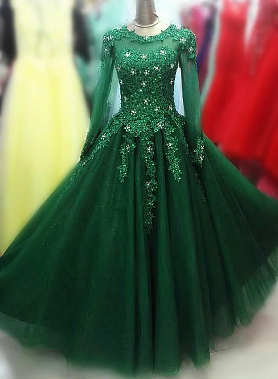 Long Sleeves Green Tulle Party Dress , Beaded and Lace Prom Dress Tunics Wedding white Long Sleeves Green Tulle Party Dress , Beaded and Lace Prom Dress Tunics Wedding white
