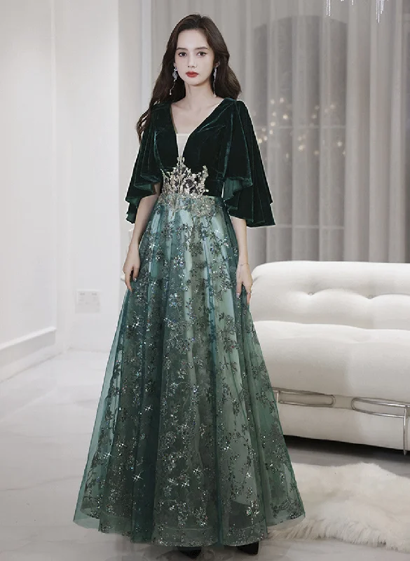 Dark Green Velvet with Tulle Long Party Dress, Dark Green A-line Formal Dress Prom Dress Tunics Leisure comfortable Dark Green Velvet with Tulle Long Party Dress, Dark Green A-line Formal Dress Prom Dress Tunics Leisure comfortable