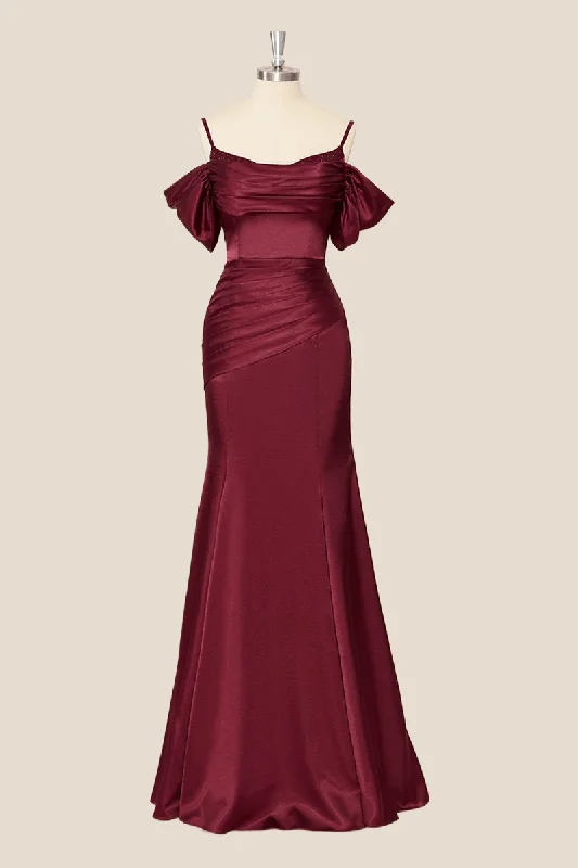 Straps Burgundy Ruched Mermaid Long Party Dress Tunics Modern contemporary