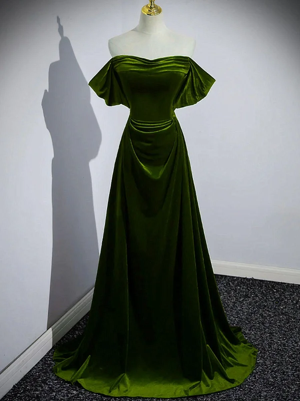 A-line Green Velvet Off Shoulder Long Party Dress, Green Velvet Prom Dress Formal Dress Tunics Seasonal trendy A-line Green Velvet Off Shoulder Long Party Dress, Green Velvet Prom Dress Formal Dress Tunics Seasonal trendy