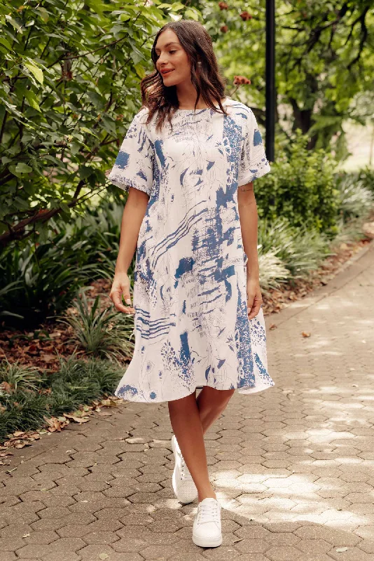 Shayann Blue Abstract Linen Cotton Dress Tunics Hiking breathable