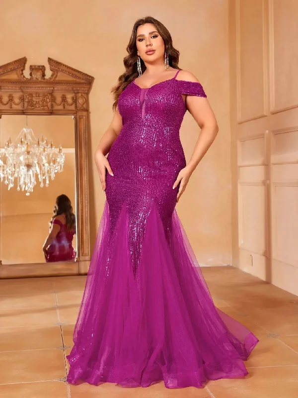 Plus Cold Shoulder Back Lace Up Sequin Mermaid Party Dress Boatneck Modish Everyday