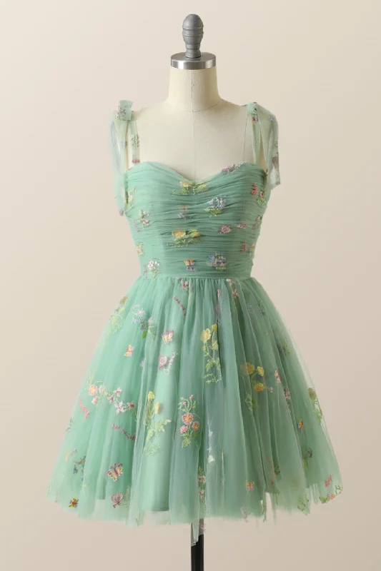 Green A-line Floral Embroidered Short Party Dress Tunics Sale discount
