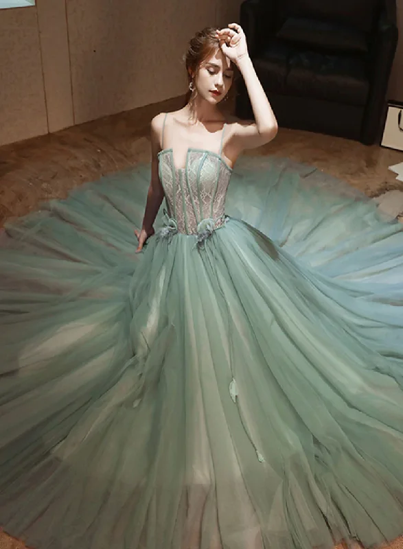 Light Green Tulle Long Party Dress Prom Dress, Straps A-line Evening Gowns Pencil Length Work Light Green Tulle Long Party Dress Prom Dress, Straps A-line Evening Gowns Pencil Length Work