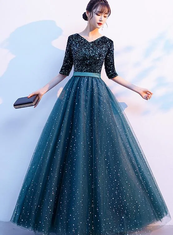 Green Sequins and Tulle Short Sleeves Long Bridesmaid Dress, Green A-line Wedding Party Dress Tunics Corduroy durable Green Sequins and Tulle Short Sleeves Long Bridesmaid Dress, Green A-line Wedding Party Dress Tunics Corduroy durable
