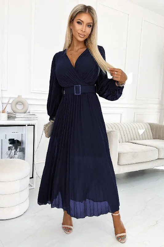 KLARA pleated dress with a belt and a neckline - navy blue Tunics Trousers formal