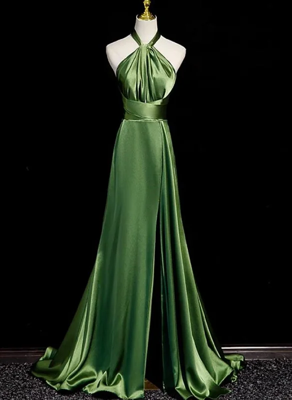 Green Soft Satin Halter Long Evening Dress Party Dress, Green A-line Prom Dress Tunics Denim casual Green Soft Satin Halter Long Evening Dress Party Dress, Green A-line Prom Dress Tunics Denim casual