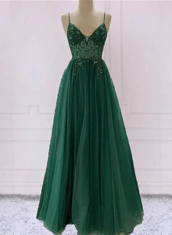 Green V-neckline Beaded Tulle Floor Length Party Dress, A-line Green Prom Dress Tunics Chinos classic Green V-neckline Beaded Tulle Floor Length Party Dress, A-line Green Prom Dress Tunics Chinos classic