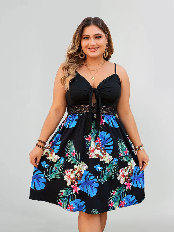 Floral Print Lace Patchwork V-Neck Cami Dress Tunics Lace romantic