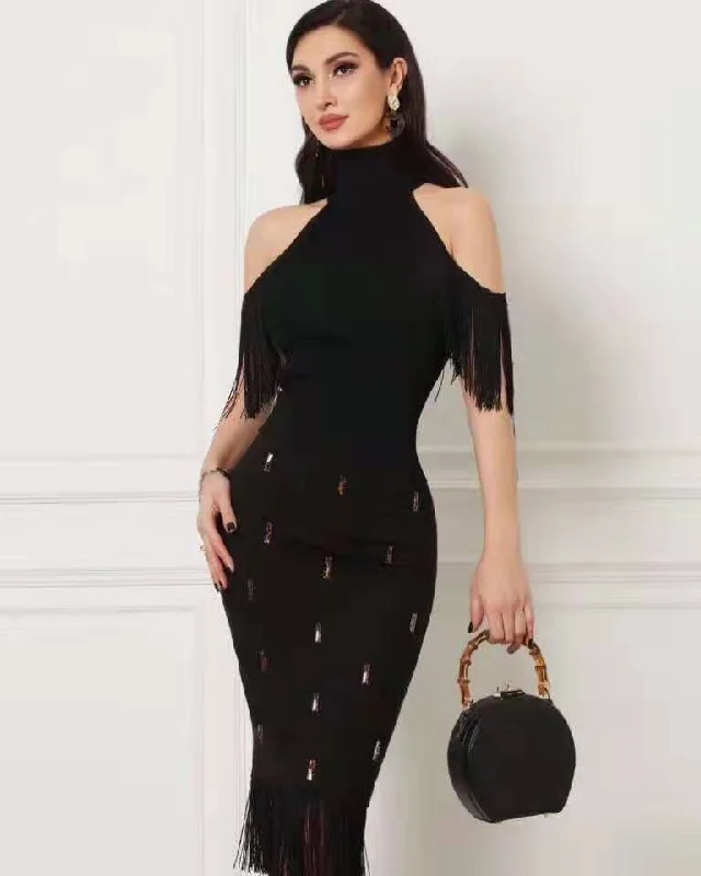 Autumn New Ladies Style Temperament Hanging Neck Strapless Waist Tassel Dress Evening Party Annual Party Dress Tunics Party sparkling