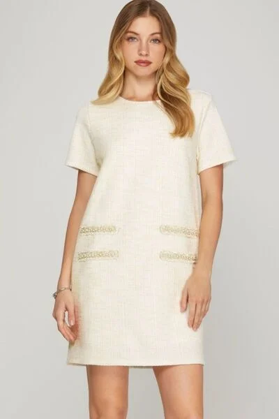 She + Sky Full Size Short Sleeve Pearl Studded Trim Knit Tweed Dress Plus Size Tunics Velvet soft She + Sky Full Size Short Sleeve Pearl Studded Trim Knit Tweed Dress Plus Size Tunics Velvet soft