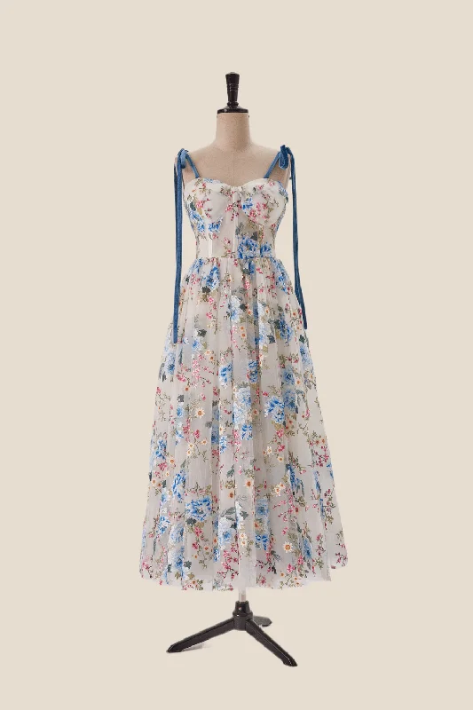 Blue Floral Tea Length A-line Party Dress Tunics Designer luxury