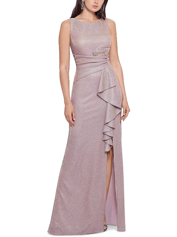 Petites Womens Ruffled Maxi Evening Dress Crew Neckline Sporty