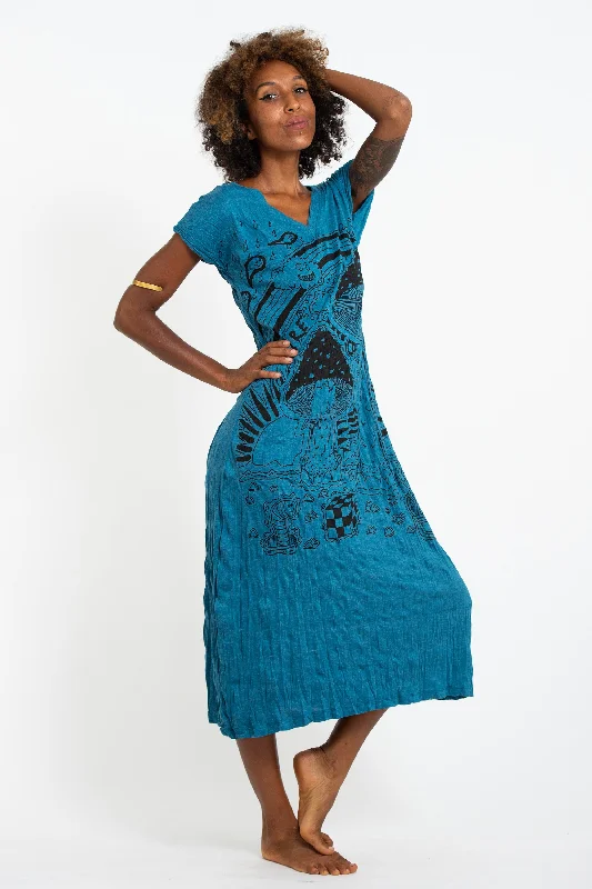Womens Magic Mushroom V Neck Long Dress in Denim Blue Shift Classic Vintage