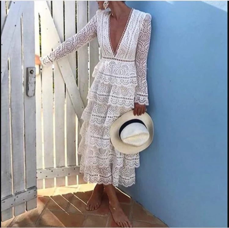 Women's Long sleeve V-neck White Lace Dress Tunics Seasonal trendy